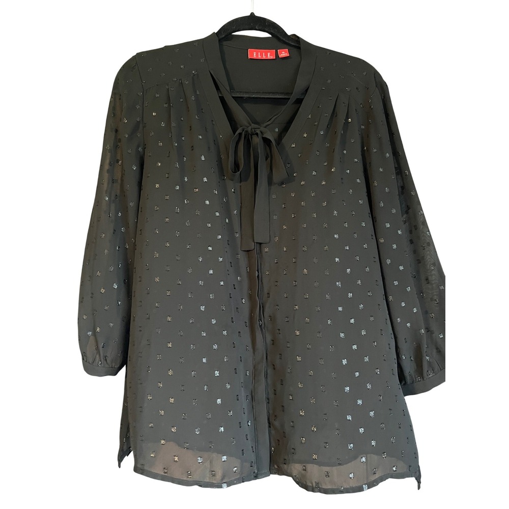 Elle Womens XL Black Metallic Clip Dot Tie Neck Sheer Button Front Blouse Top